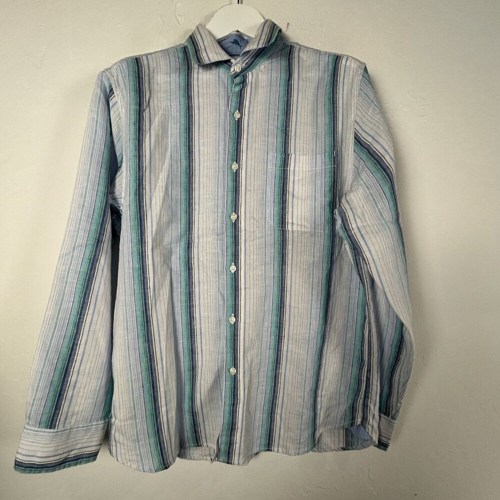 Tommy Bahama Mens Blue Green Striped Button-Up Shirt Medium Long Sleeve Casual